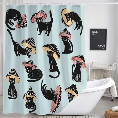 MERCHR Cute Funny Cat Mushroom Shower Curtain 72x72 Inch