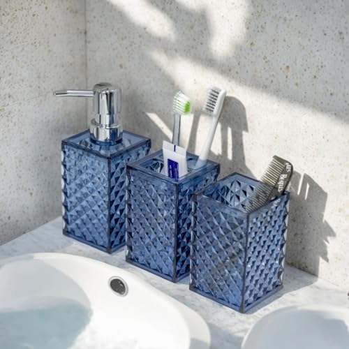 Blue Bathroom Accessories Set 4PCS Dark Navy Diamond Pattern