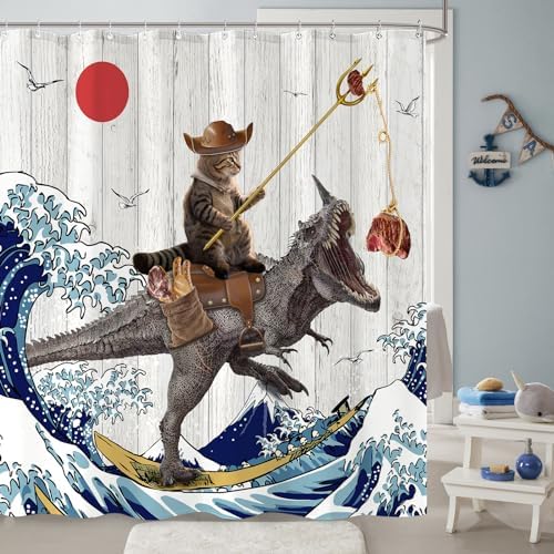 Fowocu Funny Dinosaur Cat Shower Curtain