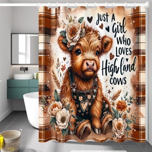 Funny Highland Cow Shower Curtain with 12 Hooks