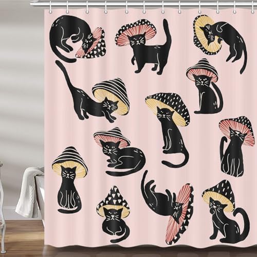 MERCHR Cute Funny Cat Mushroom Shower Curtain 72x72 Inch 1