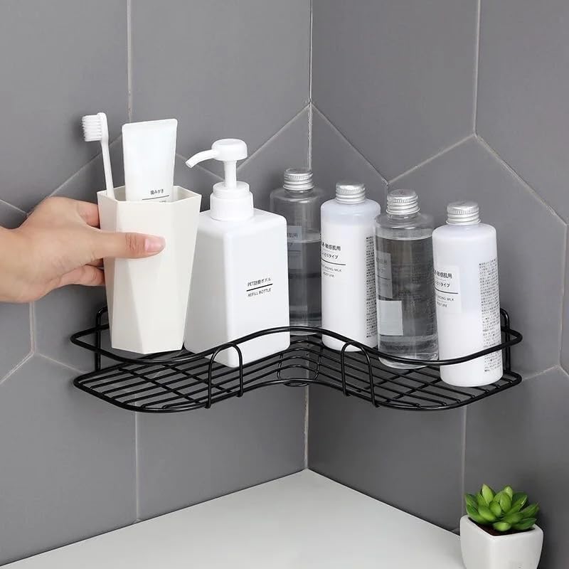 Drill-Free Corner Shower Shelf with Suction Cup - Black 1pc