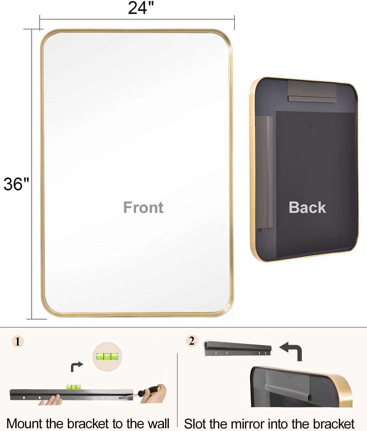 Gold Mirror 24x36 Brushed Metal Frame Wall Mounted Bathroom Mirror