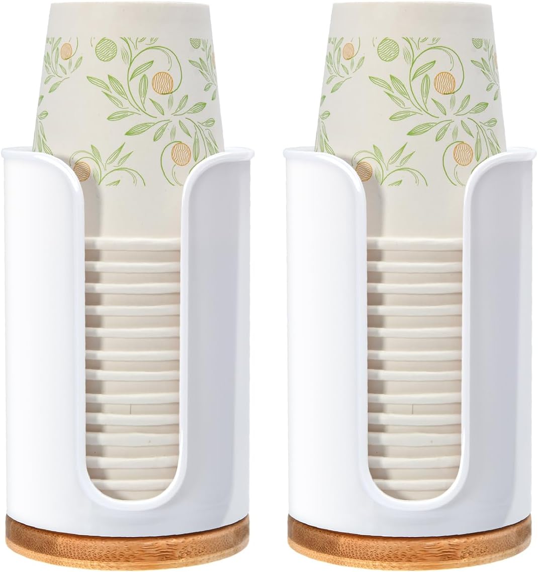 Large Bathroom Cup Dispenser - 2 Pack Plastic Bamboo White