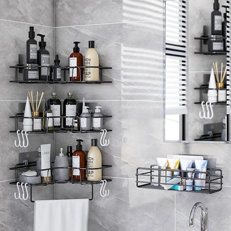 Drill-Free Corner Shower Shelf with Suction Cup - Black 1pc