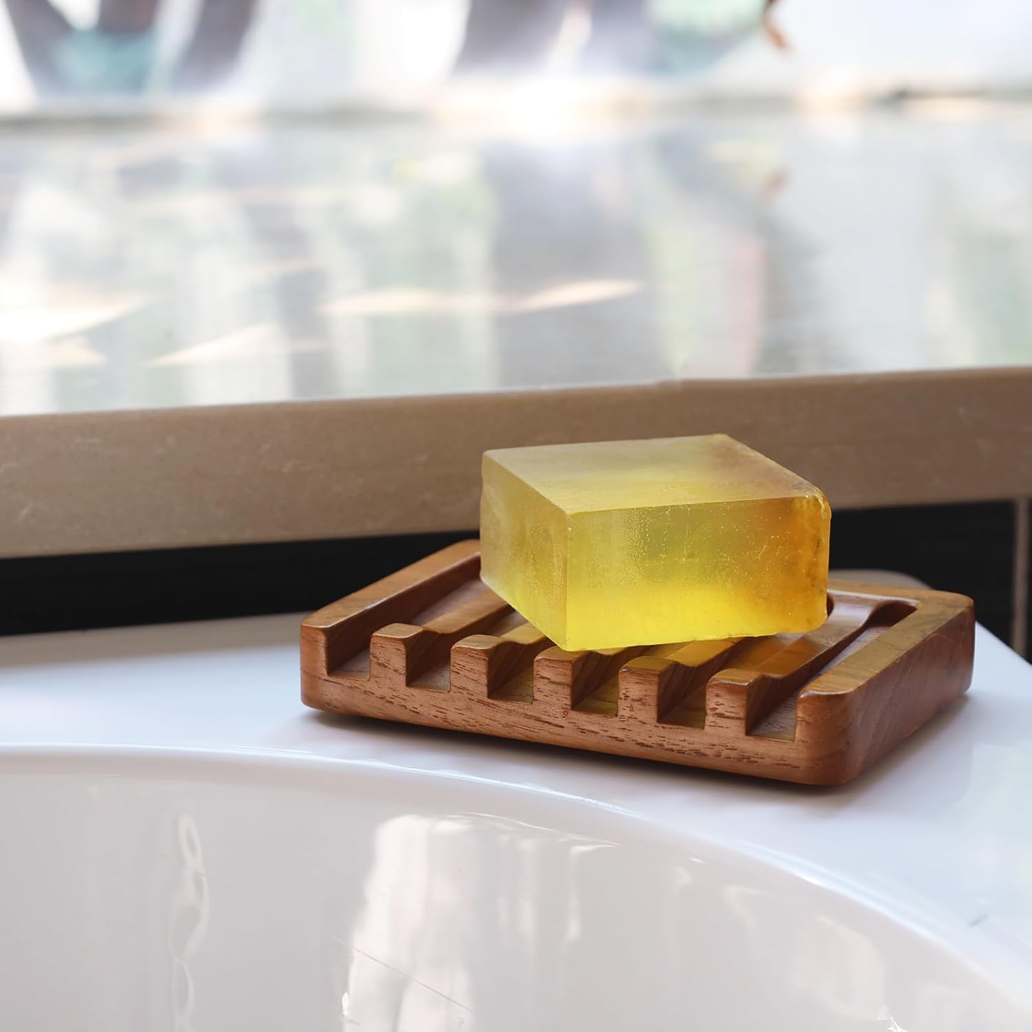 HTB Teak Soap Dish with Slanted Drainage Design