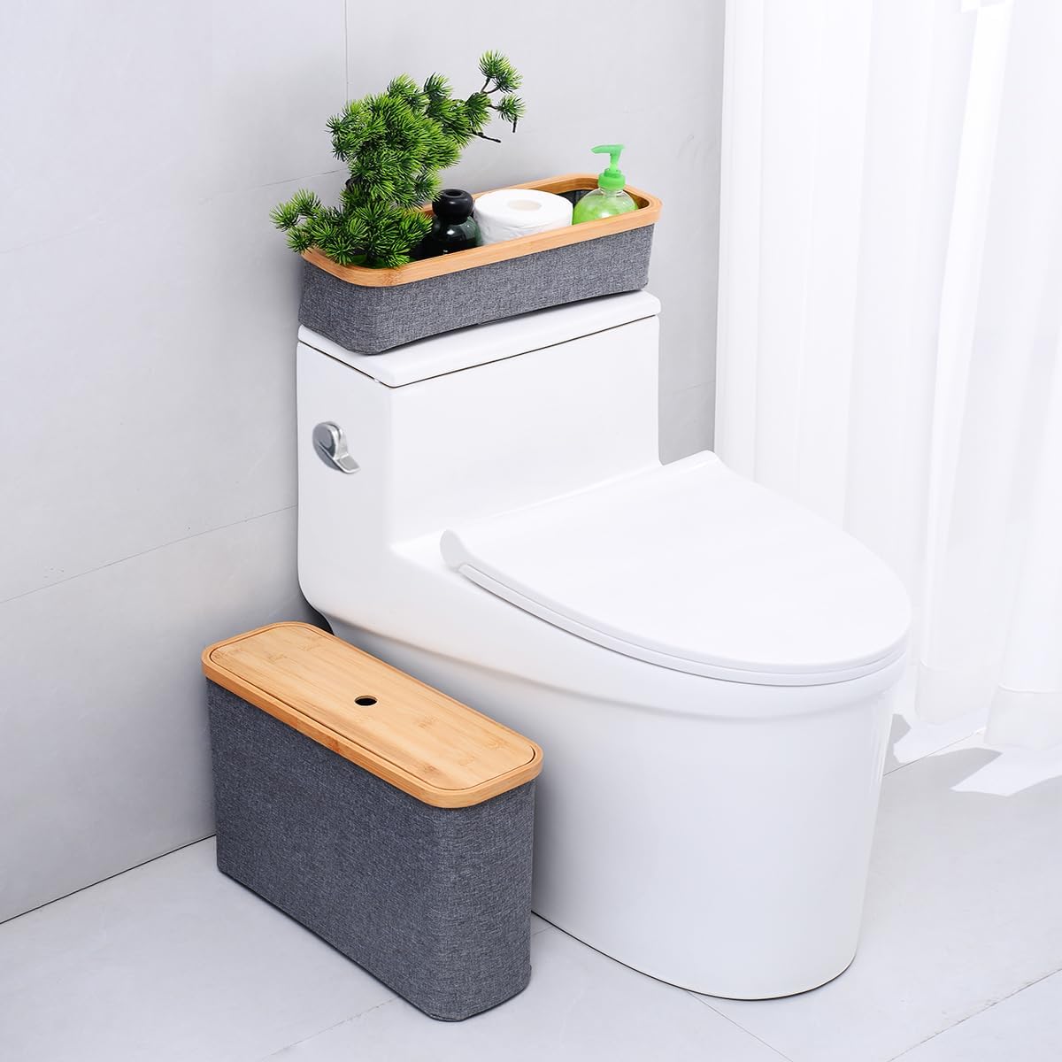 WOOHA Bamboo Toilet Paper Organizer - Collapsible Storage Basket Grey Small 1