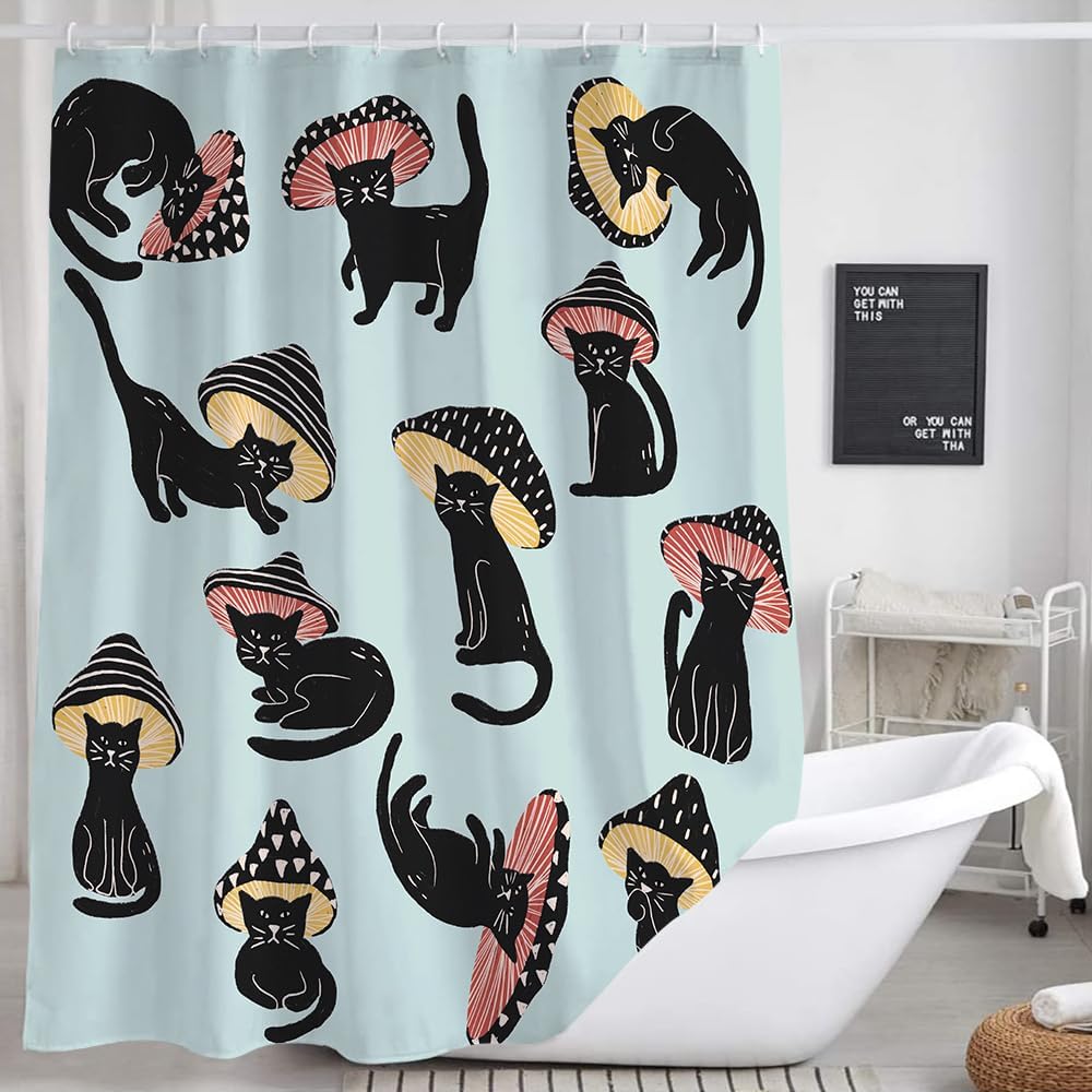 MERCHR Cute Funny Cat Mushroom Shower Curtain 72x72 Inch