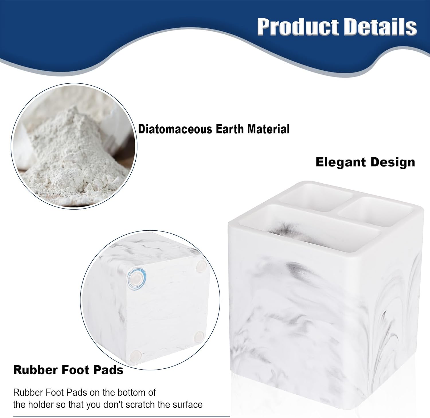 Heagoale Diatomite Toothbrush Holder 3 Slots Marble White 1