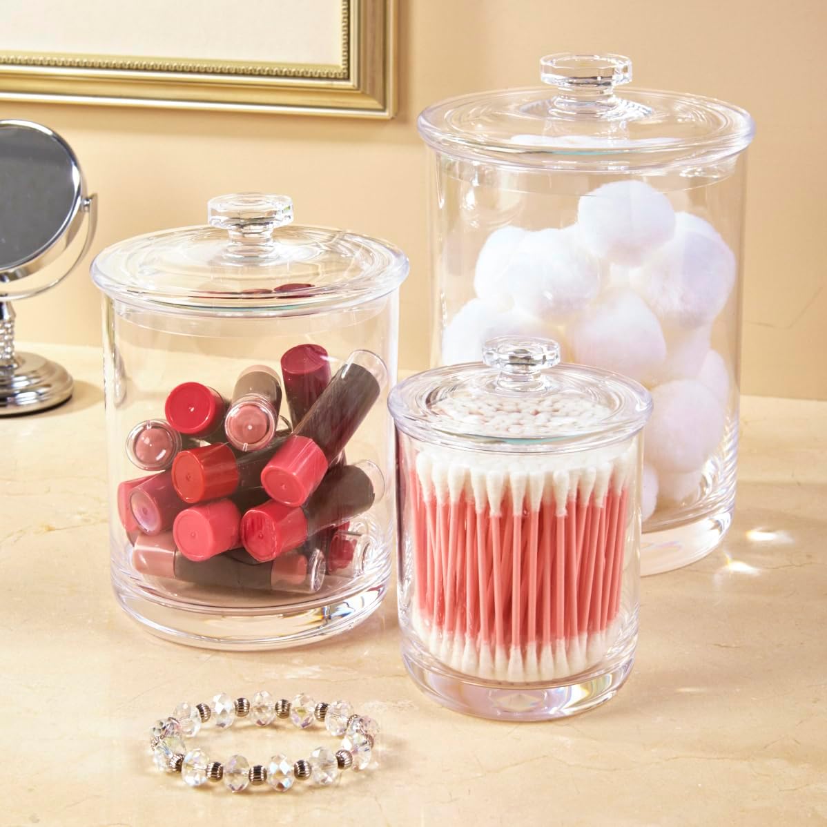 STORi 3-Pack Qtip and Cotton Ball Holders Clear Acrylic Jars