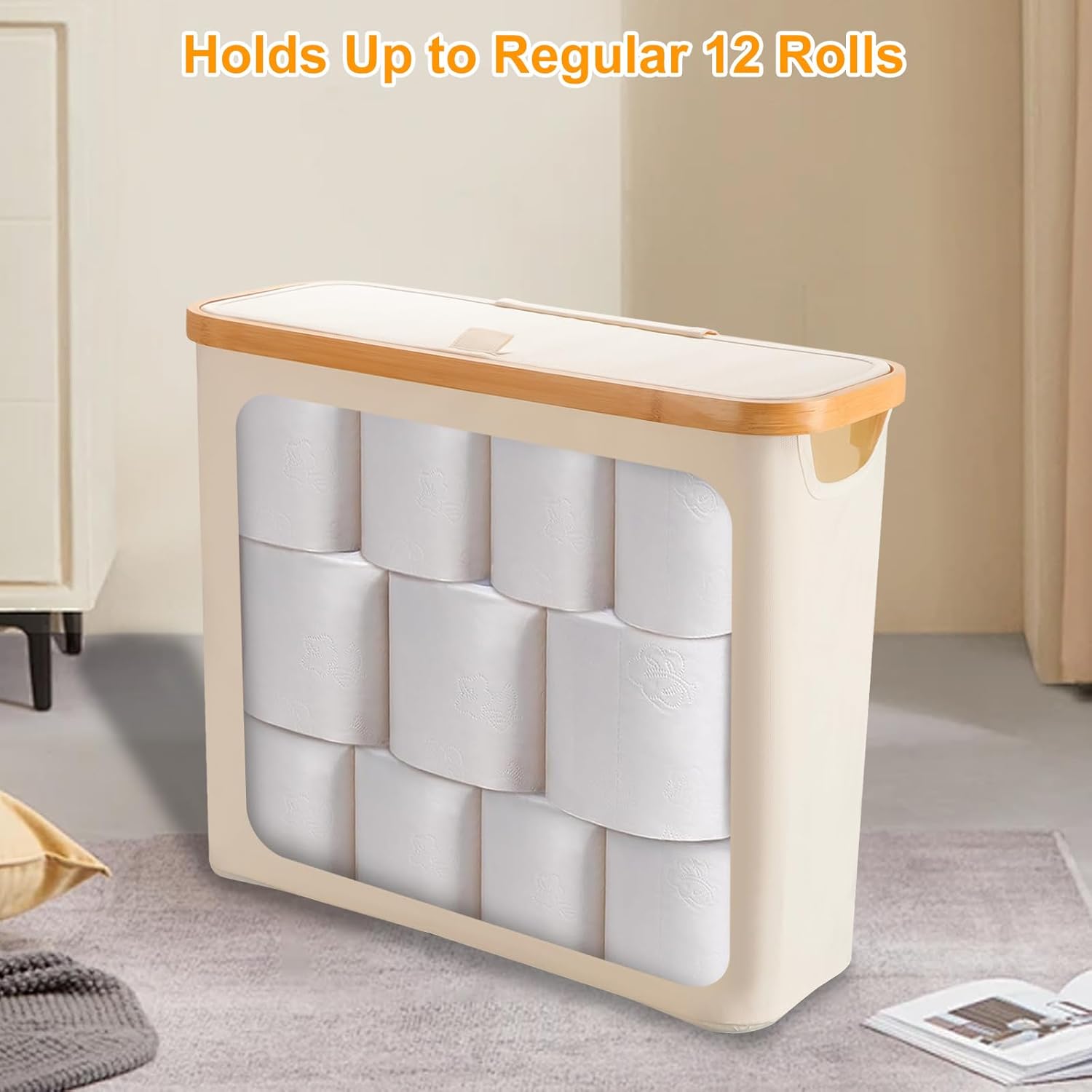 Tefola Toilet Paper Basket with Lid - 12 Roll Storage Container Beige