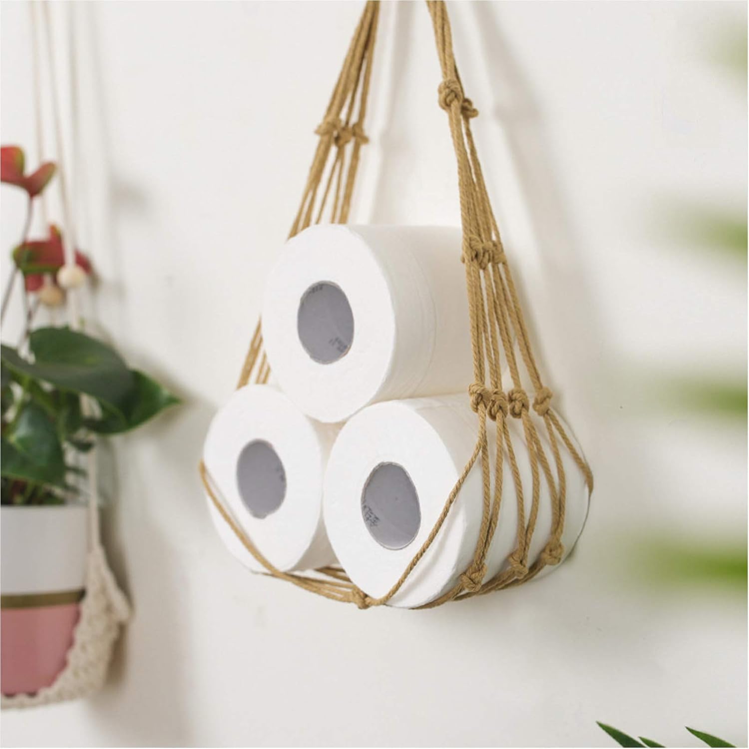 Boho Cotton Toilet Paper Holder with Natural Wood Frame