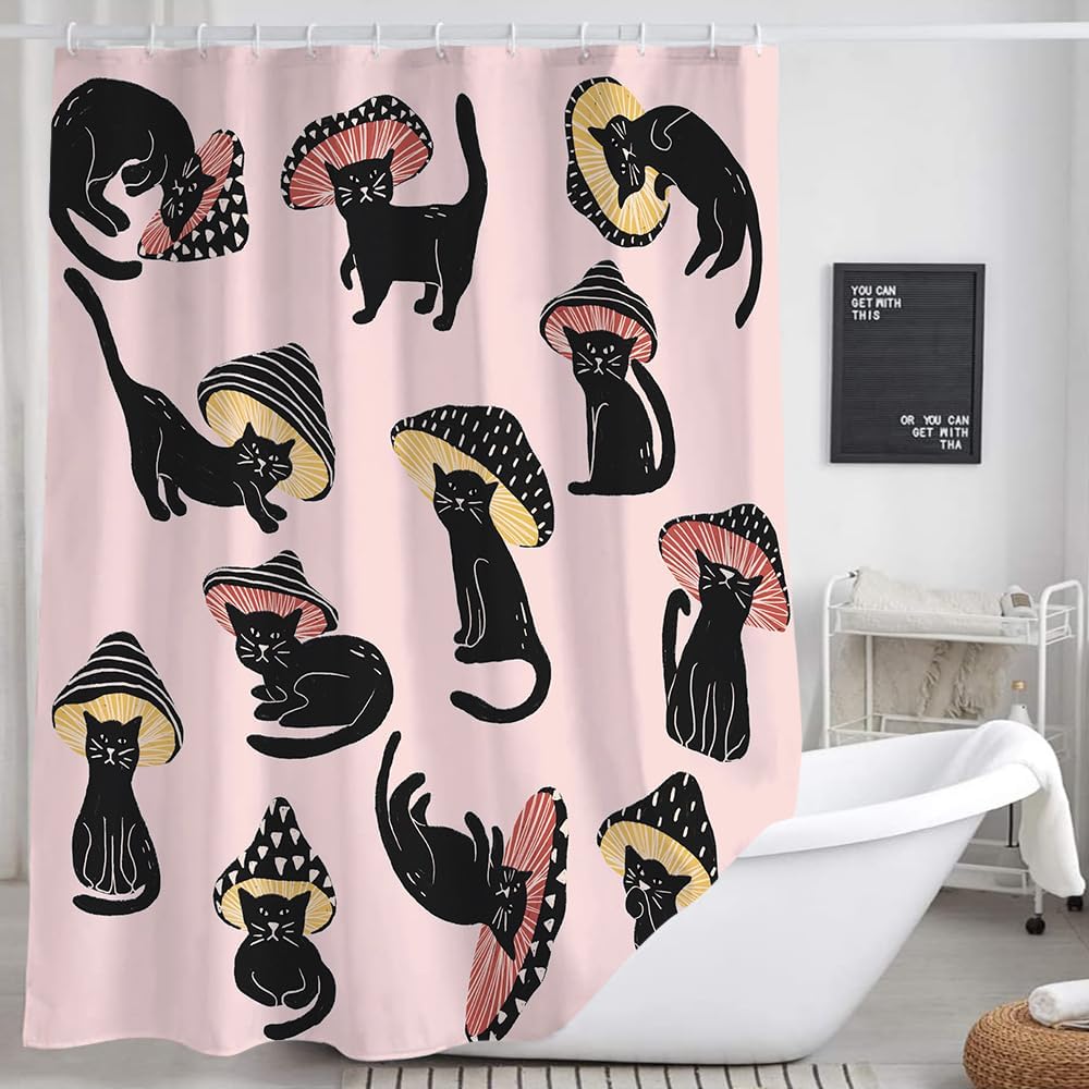 MERCHR Cute Funny Cat Mushroom Shower Curtain 72x72 Inch 1