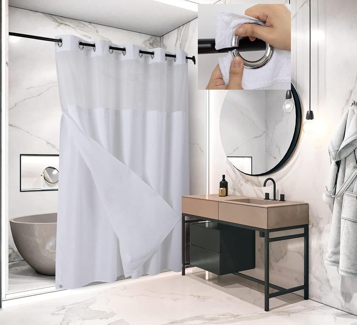 WPM Modern Waffle Weave Shower Curtain Set with Liner and Snap Hooks