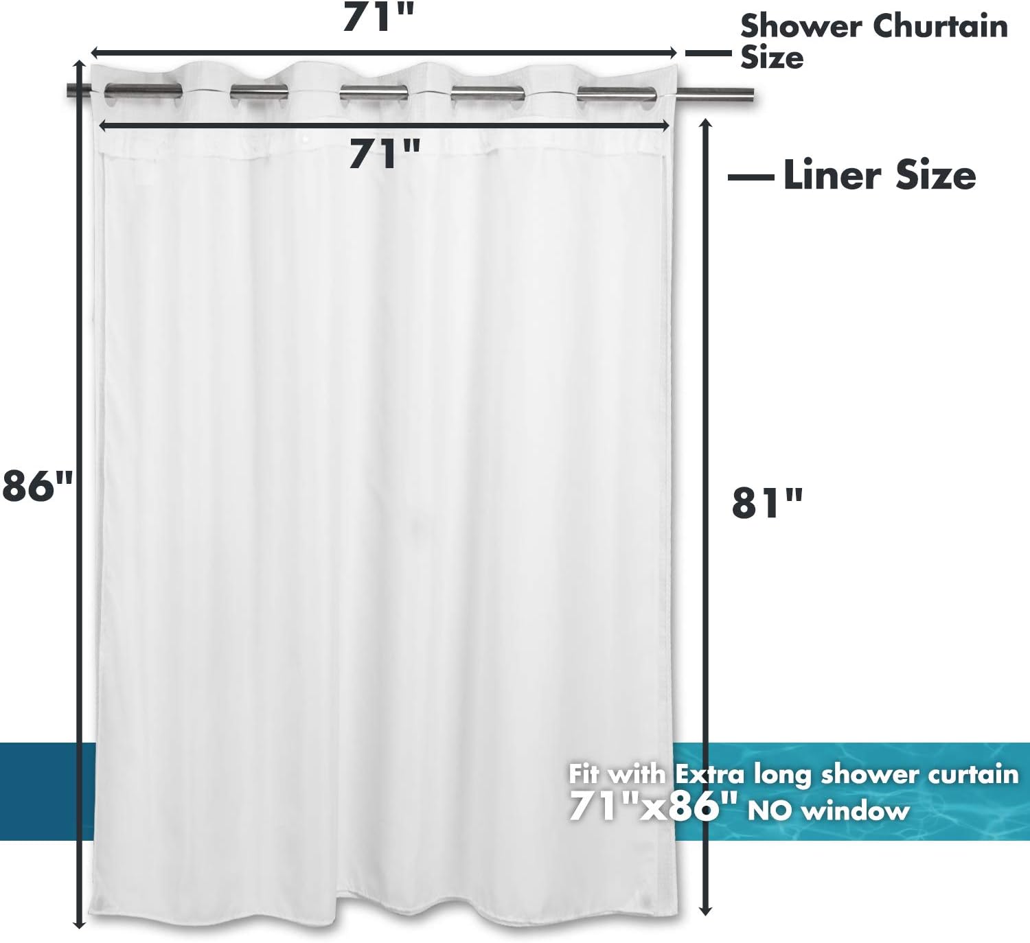 River Dream Extra Long Snap-In Shower Curtain Liner Replacement White with Magnets