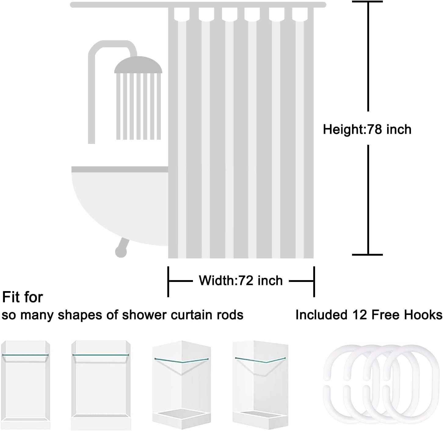 Punkray Grey White Striped Polyester Shower Curtain with Hooks