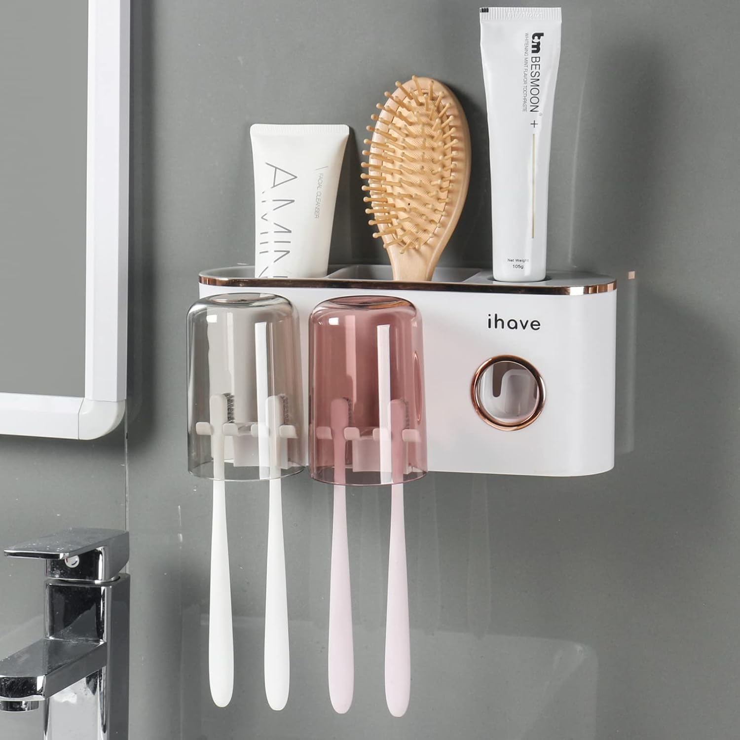 iHave Toothbrush Holder with Dispenser and Storage - Wall Mounted Bathroom Accessory