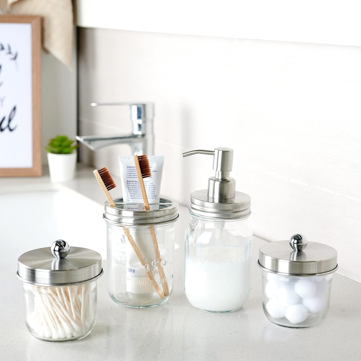 Amolliar 4-Pack Mason Jar Bathroom Accessories Set - Brushed Nickel