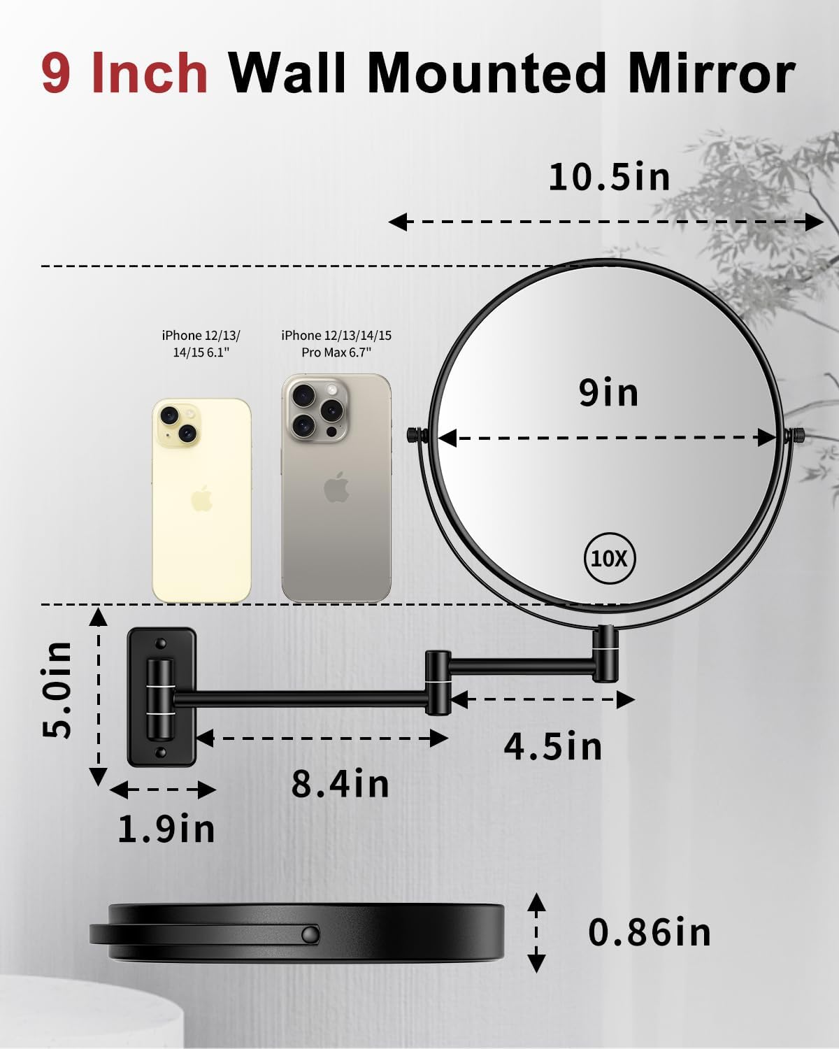 Gospire 9 Inch Wall Mount Magnifying Mirror with 1X 10X Dual-Sided