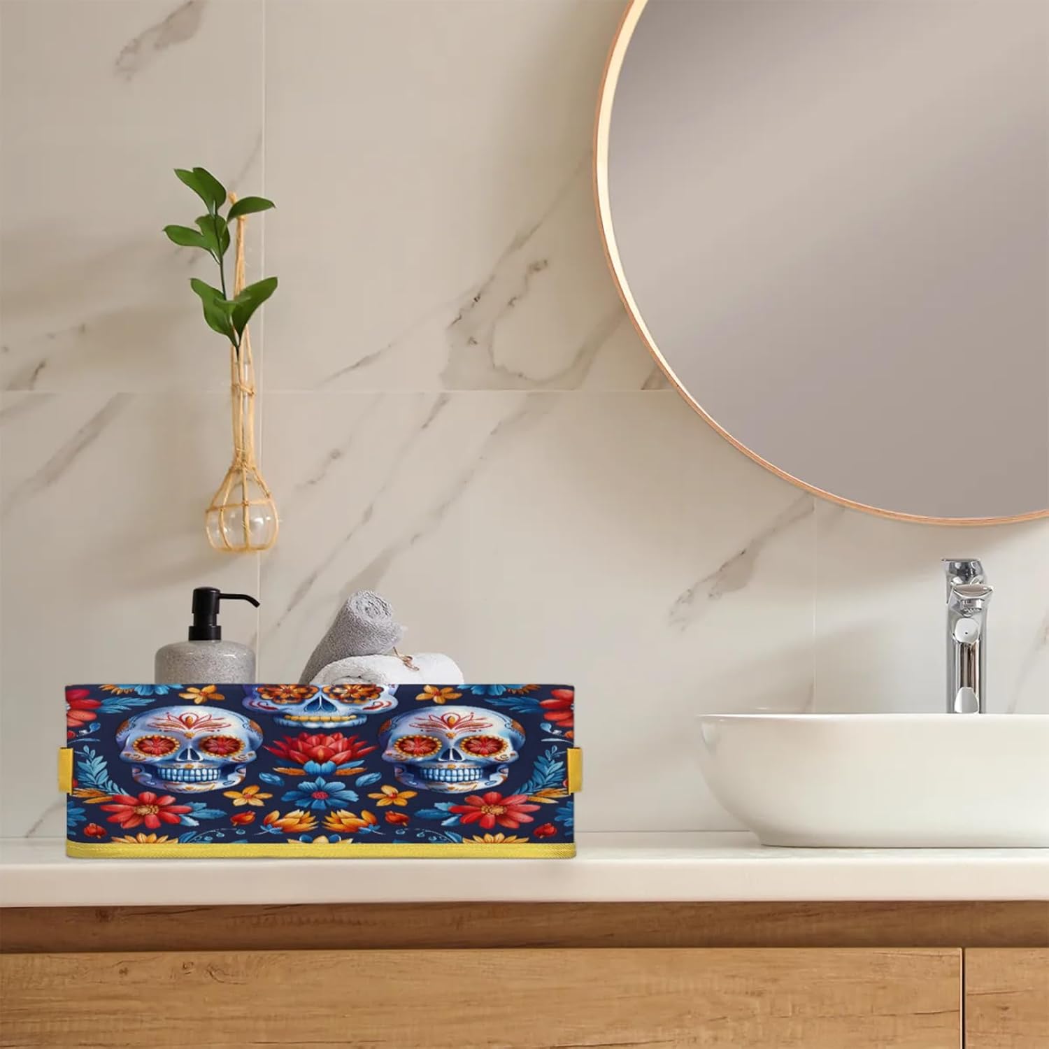 Mexican Floral Skeleton Toilet Paper Basket Organizer with Handles