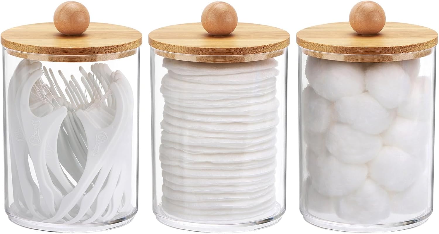 Tbestmax 10 Oz Cotton Swab Holder with Clear Jar and 3 Wood Lids