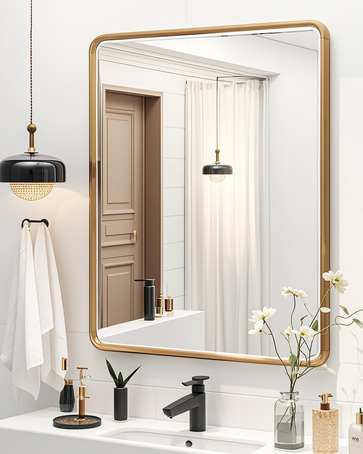 Gold Mirror 24x36 Brushed Metal Frame Wall Mounted Bathroom Mirror