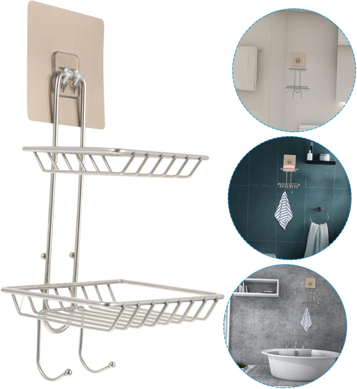 Alipis Double-Deck Soap Rack with Hooks and Sponge Holder