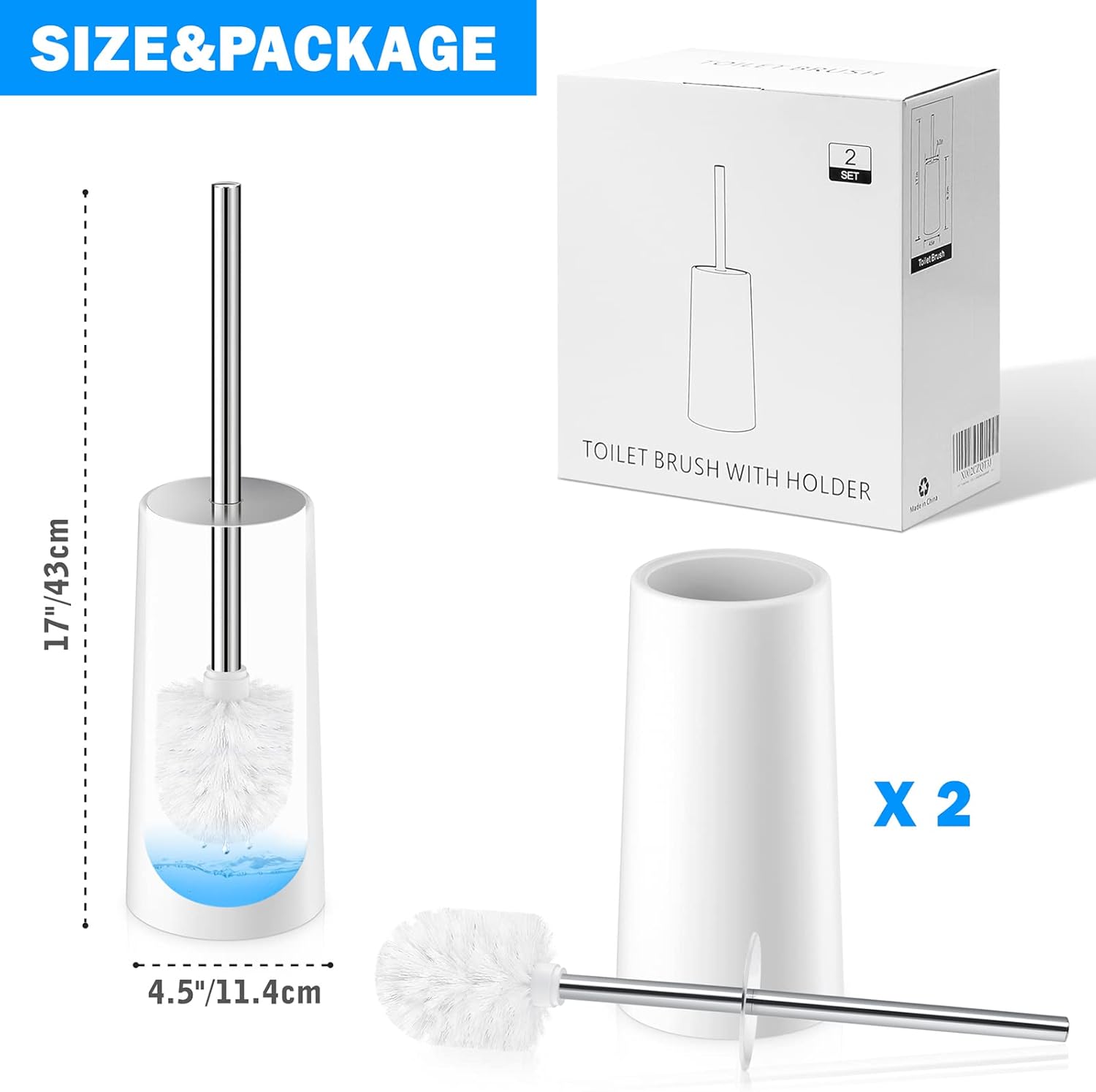 Wsedor Toilet Brush and Holder 2 Pack with Stainless Steel Handle