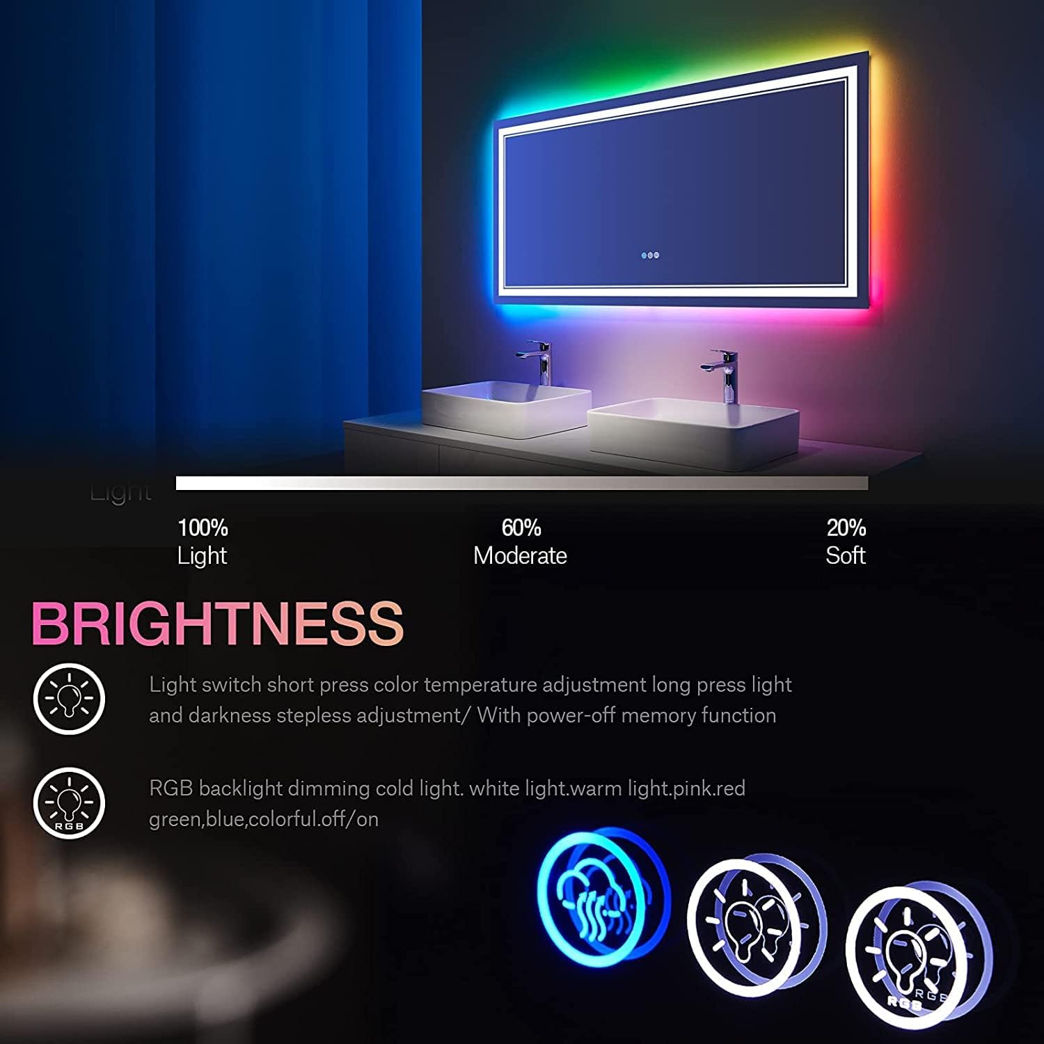 55x36 Inch RGB LED Bathroom Mirror with Anti-Fog and Dimming