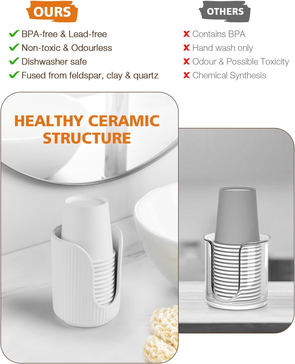 ABRUTY Bathroom Cup Holder 3-4oz Ceramic Dispenser for Vanity Countertops