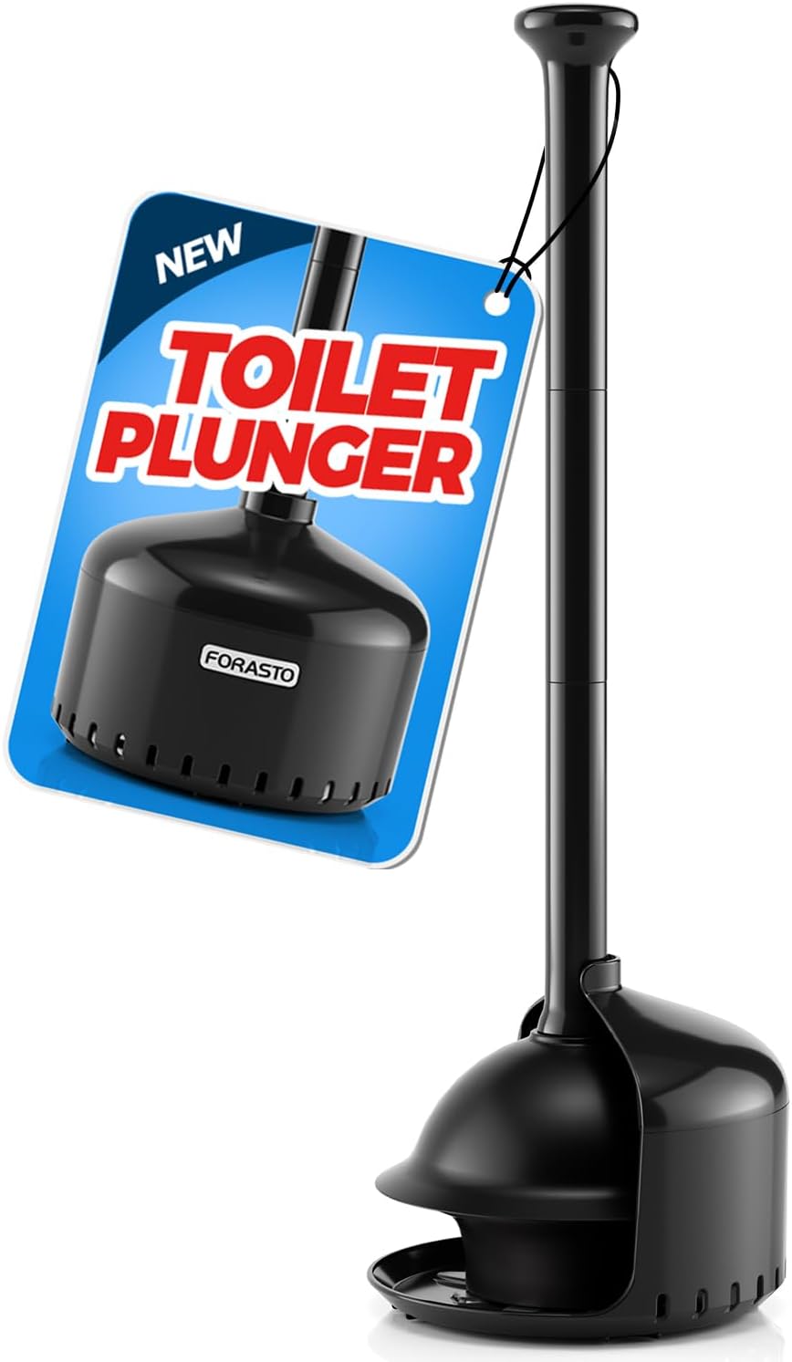 FORASTO Toilet Plunger with Holder - Black 19inch