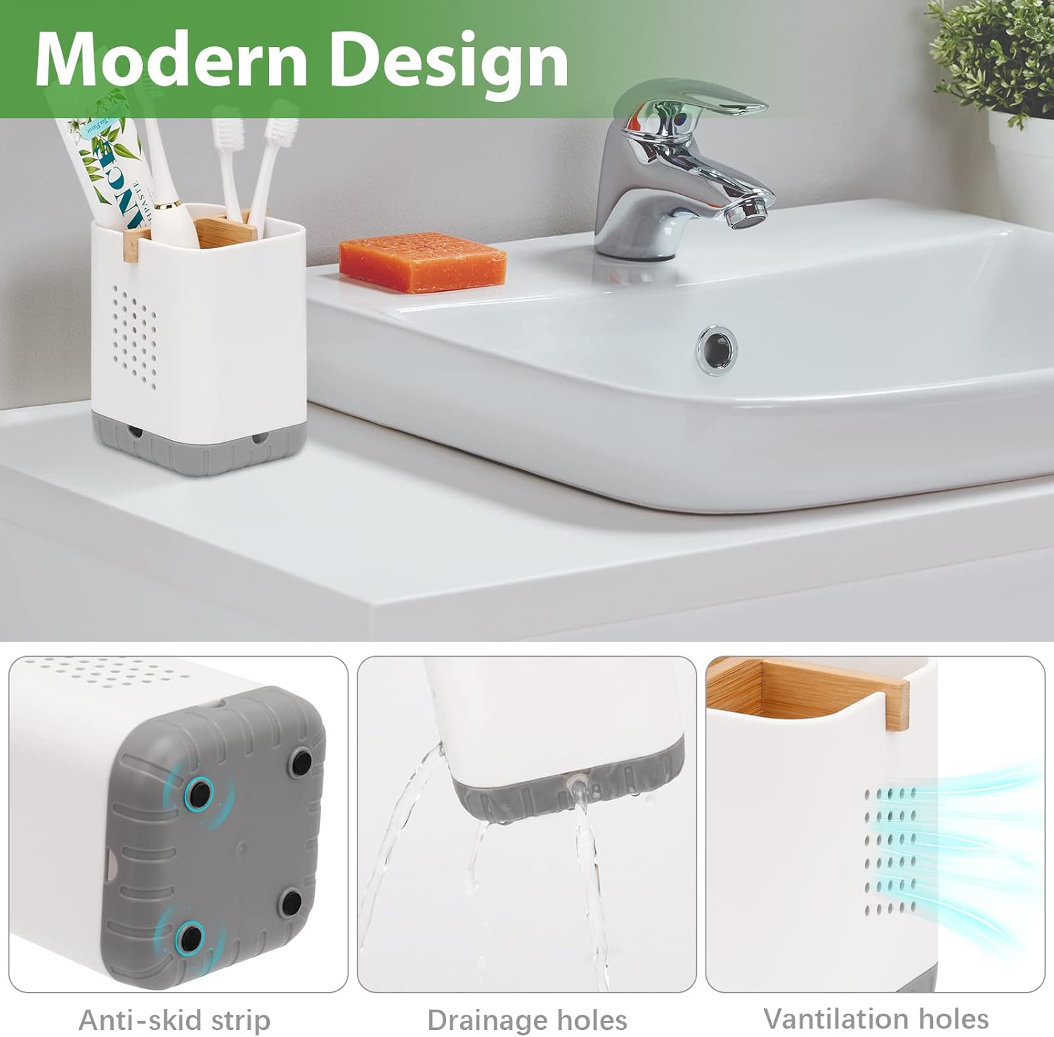 Boperzi Toothbrush Holder with Bamboo Divider and Drainage