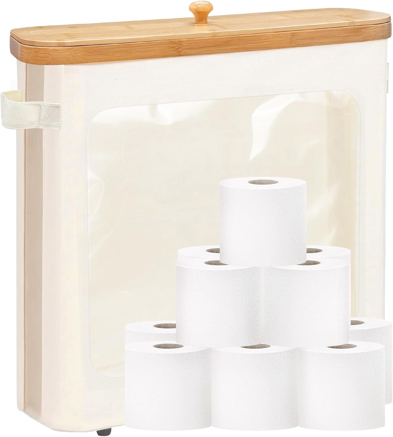 Beige Toilet Paper Basket with Lid and Large Window