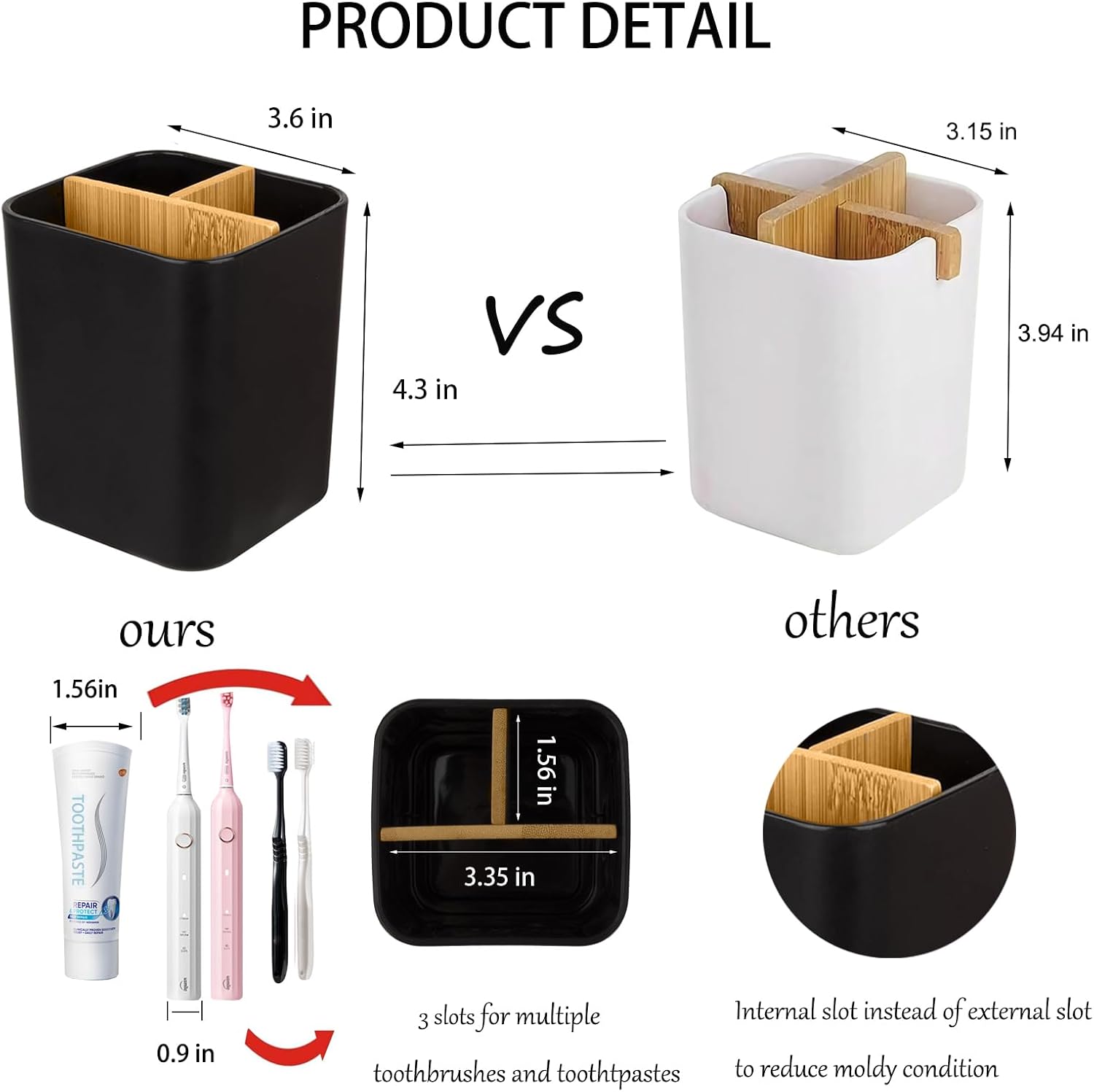 Bamboo Toothbrush Holder with 3 Slots - Black
