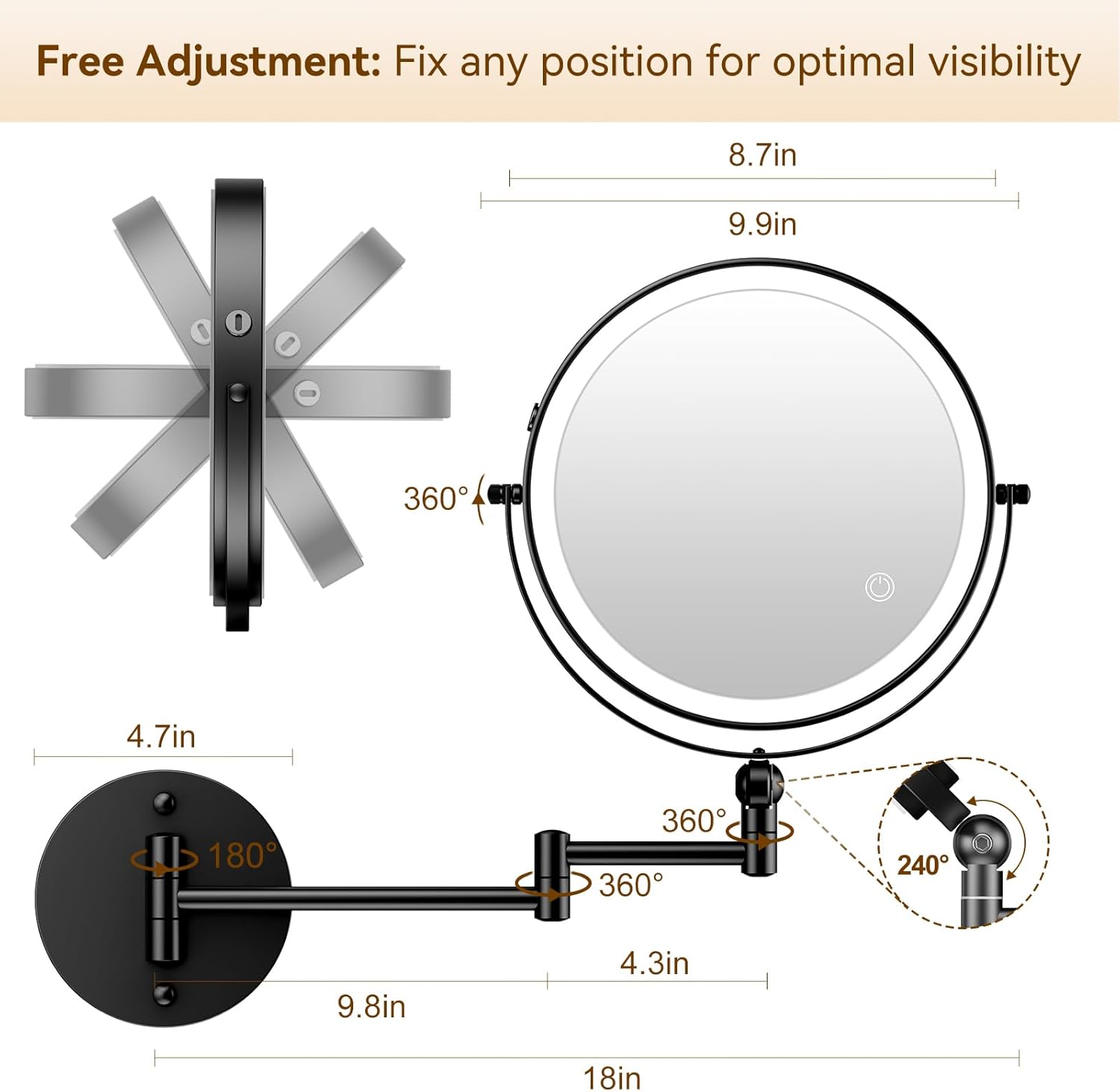 9 Wall Mounted Lighted Makeup Mirror with 1X10X Magnification