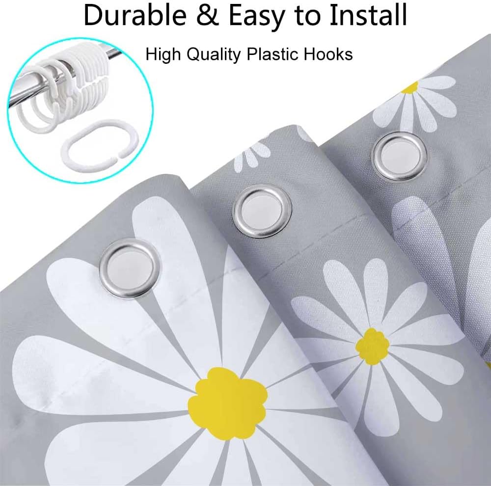 Grey Daisy Floral Shower Curtain Set with Hooks 72x75 Inch