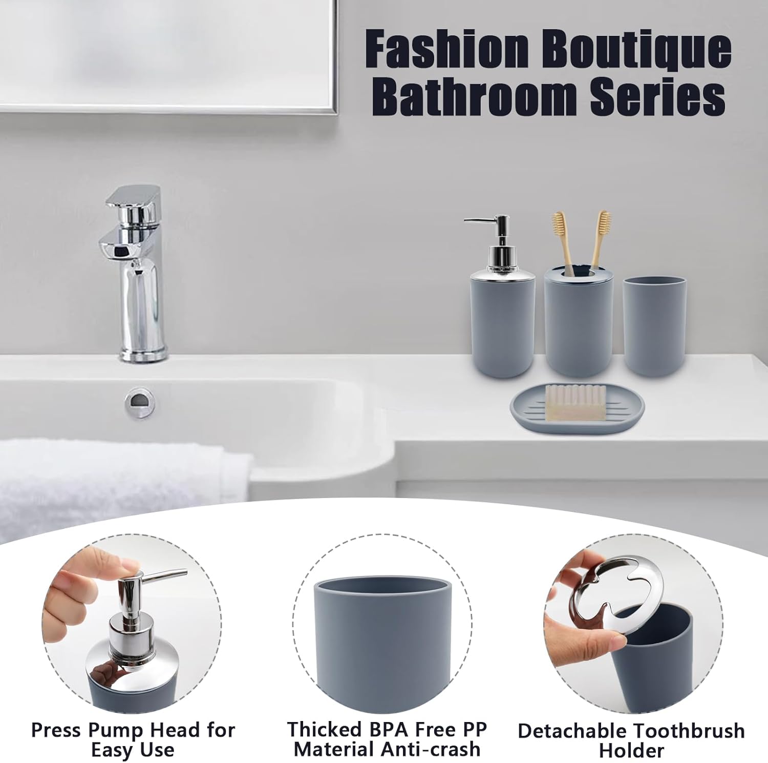 WBJKZJD 4pcs Shatter-Resistant Resin Bathroom Accessory Set Grey