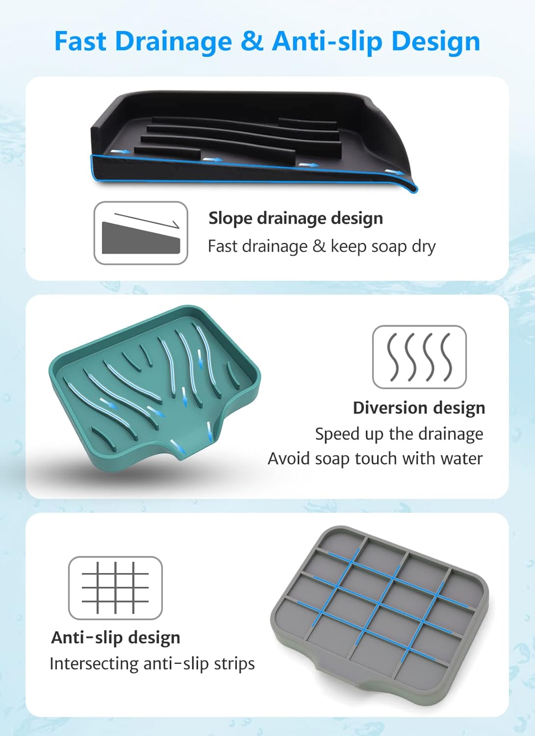 3-Pack Premium Silicone Soap Dishes - Self Draining Anti-Slip Easy to Clean