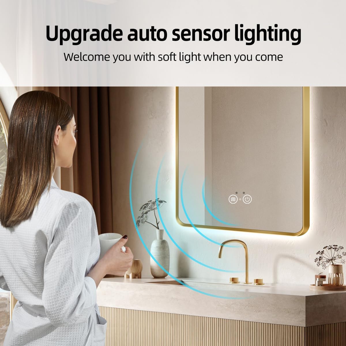 Gold LED Bathroom Mirror with Motion Sensor and Anti-Fog