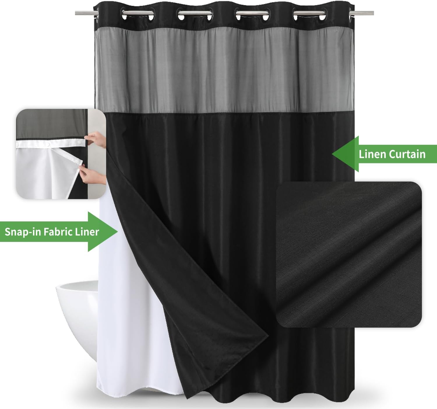 eachope Linen Textured Shower Curtain Set Black