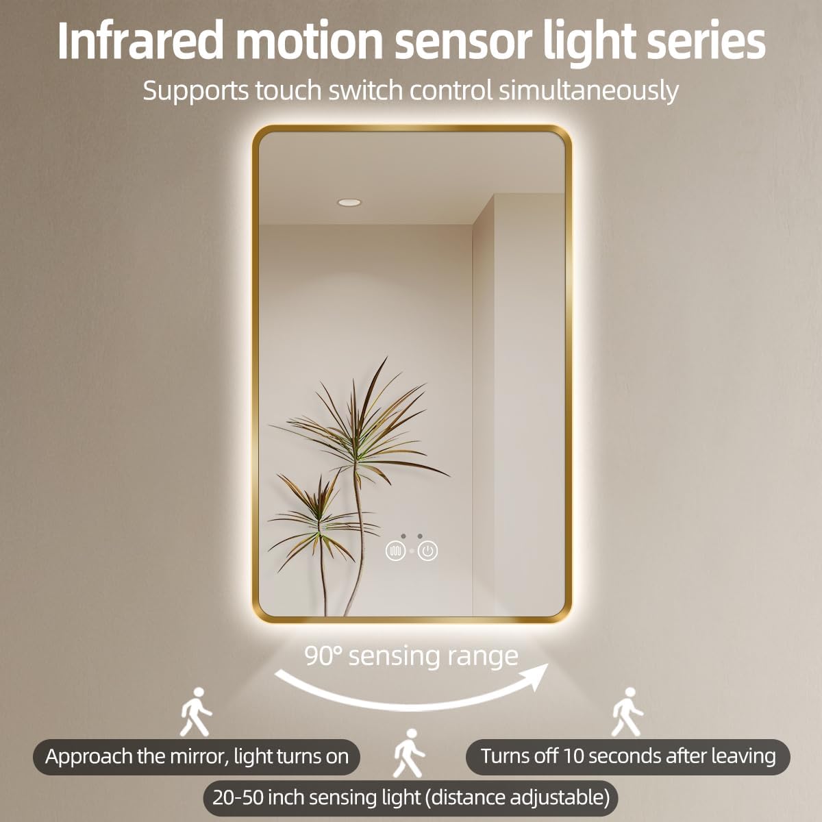 Gold LED Bathroom Mirror with Motion Sensor and Anti-Fog