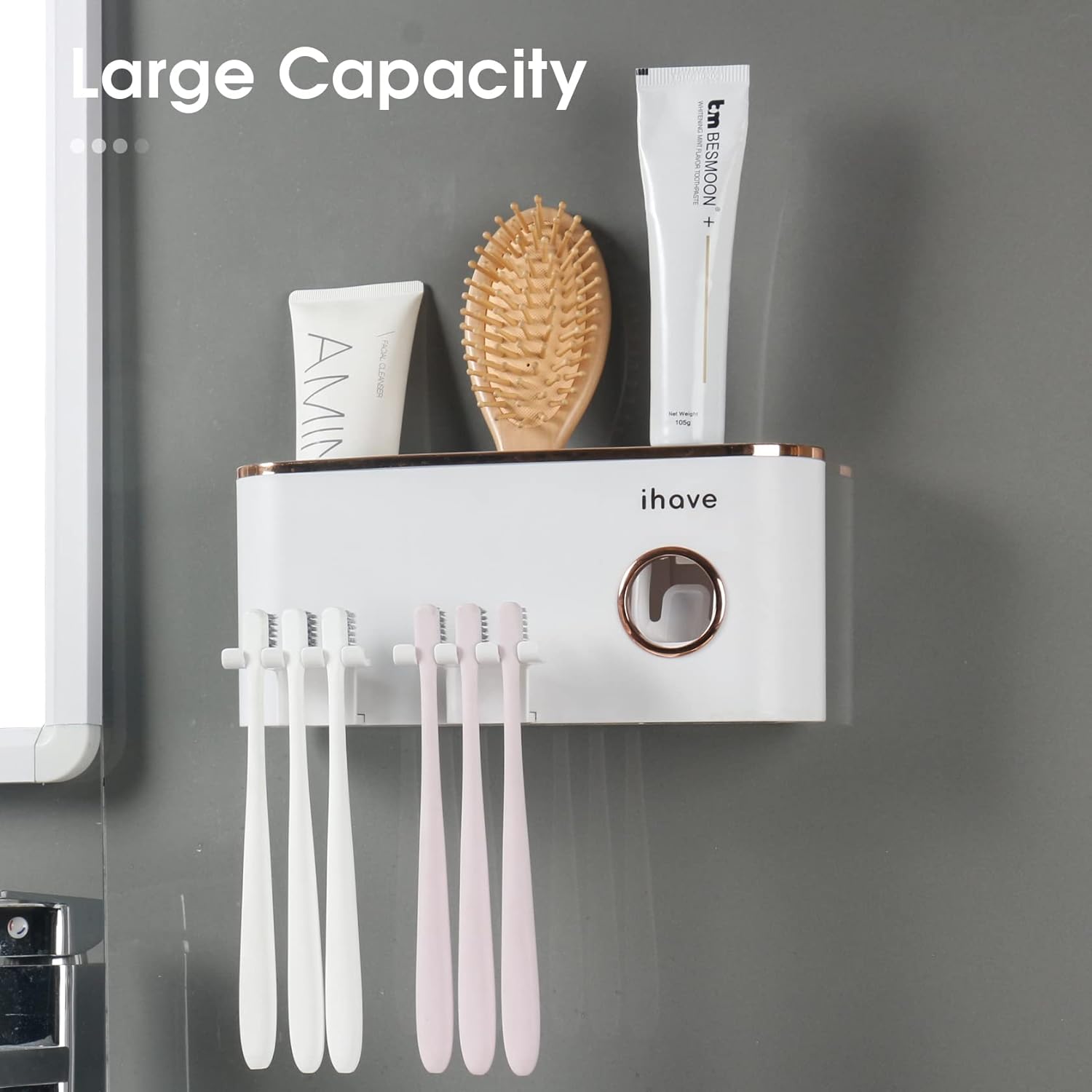 iHave Toothbrush Holder with Dispenser and Storage - Wall Mounted Bathroom Accessory