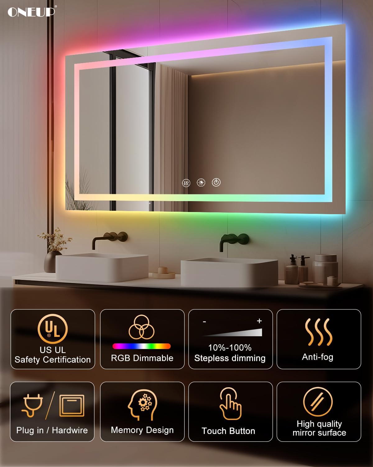 Oneup 55x36 Inch RGB LED Bathroom Mirror with Lights 1
