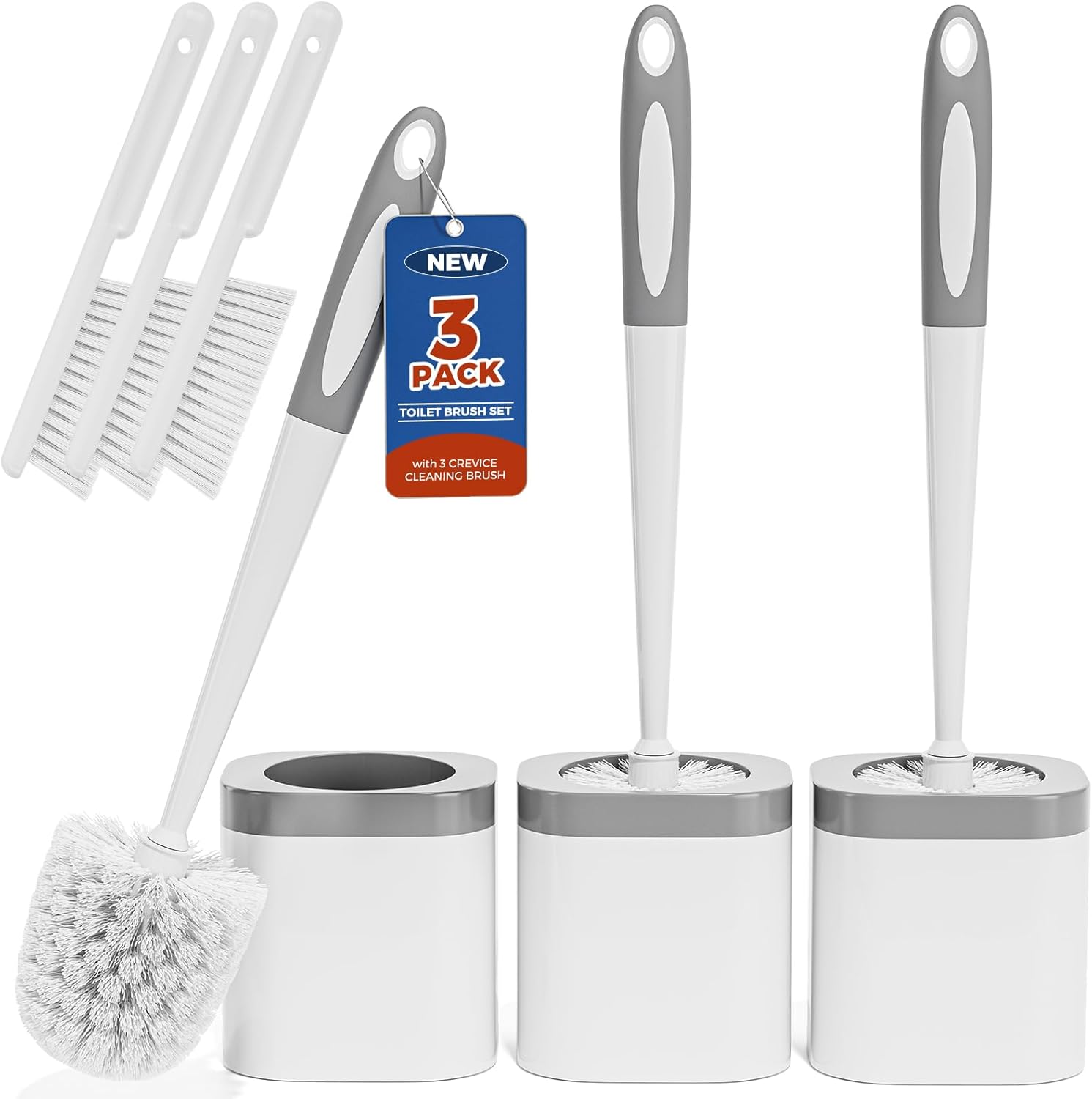 Holaloha Toilet Brush 3 Pack with Holder and Crevice Brushes