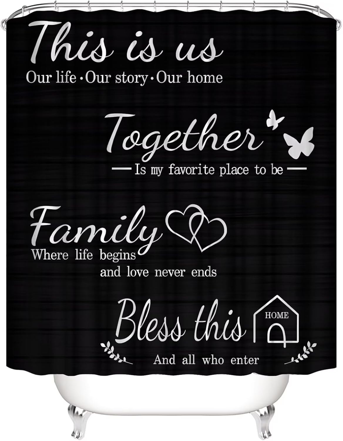 AZHM Family Shower Curtain Set Black with Rugs and Hooks