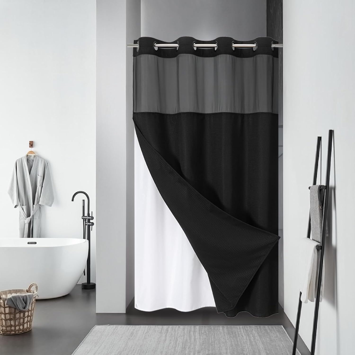 Black Waffle Wave Shower Curtain Liner Set