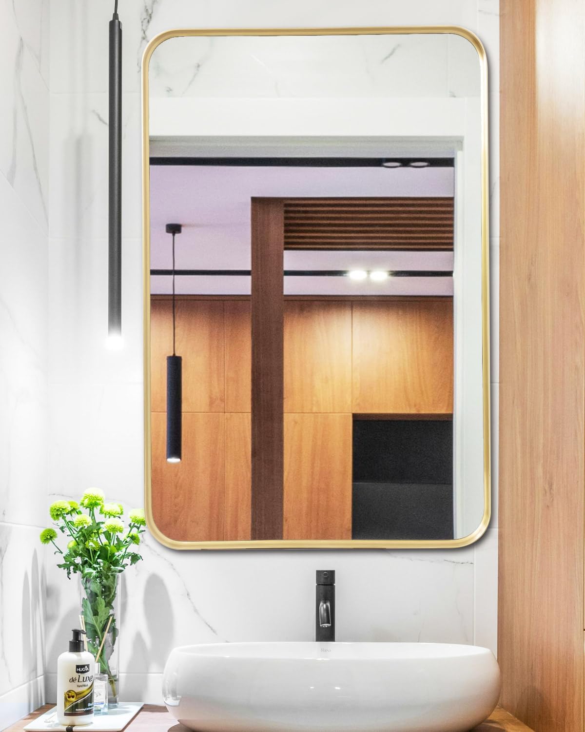 Gold Mirror 24x36 Brushed Metal Frame Wall Mounted Bathroom Mirror