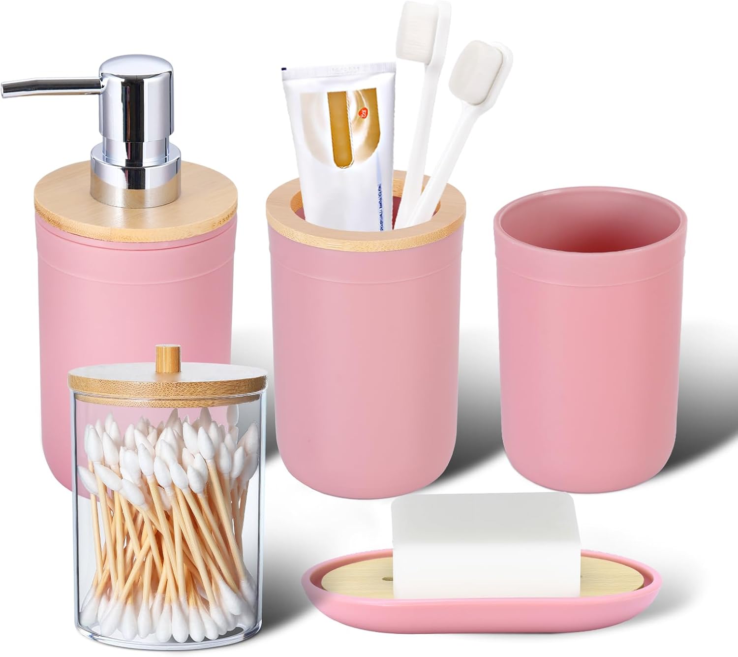 iMucci 5 Piece Bathroom Accessories Set with Pink Bamboo Cover