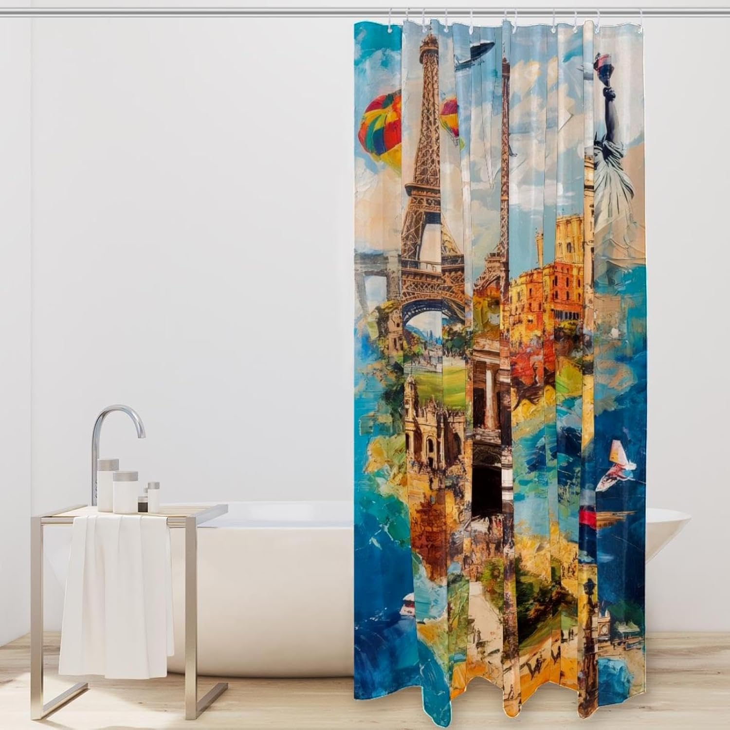 VAPOKF Travel Building Pattern Shower Curtain Set with 12 Hooks - 72x72 Inches