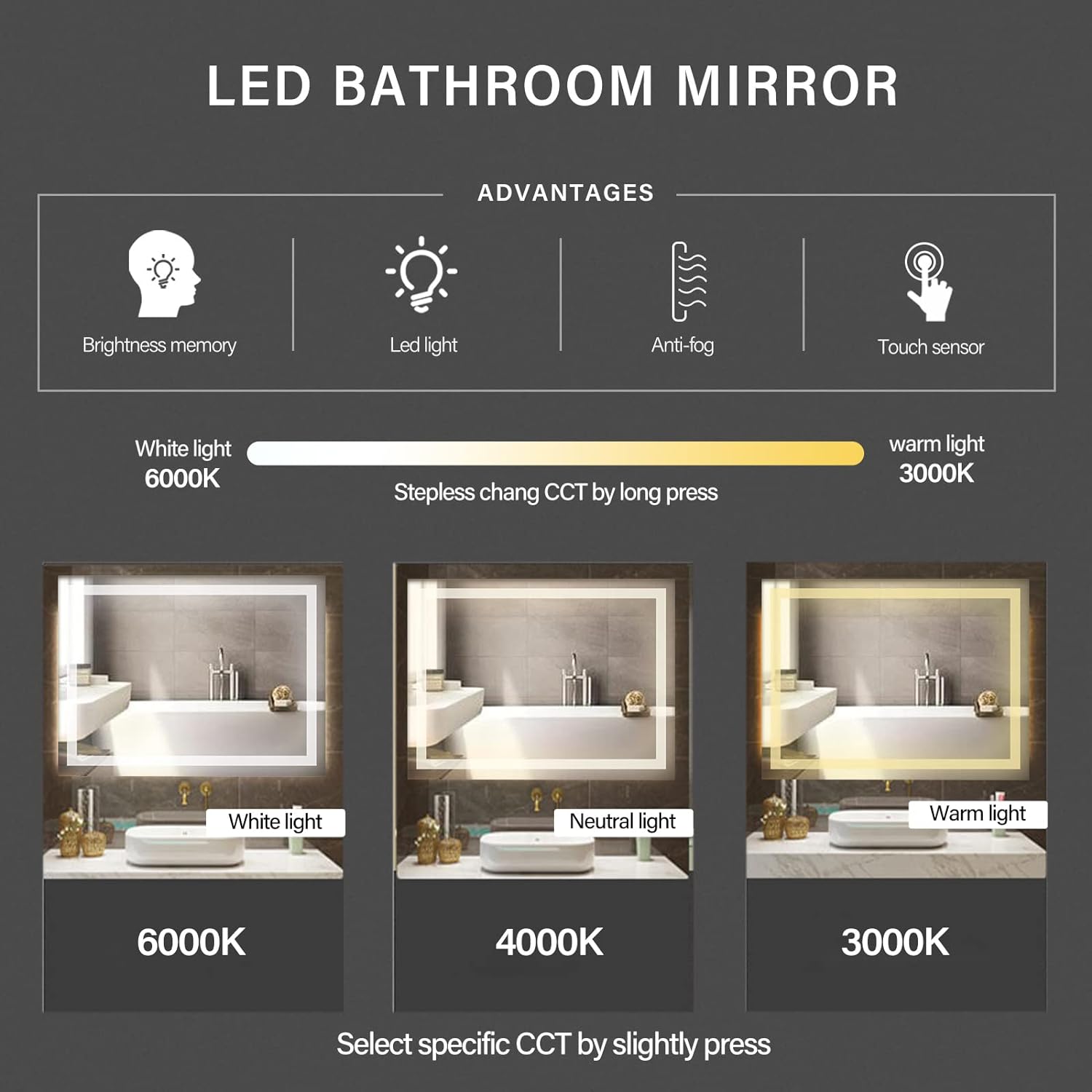 36x28 LED Bathroom Mirror with Anti-Fog and Memory Function